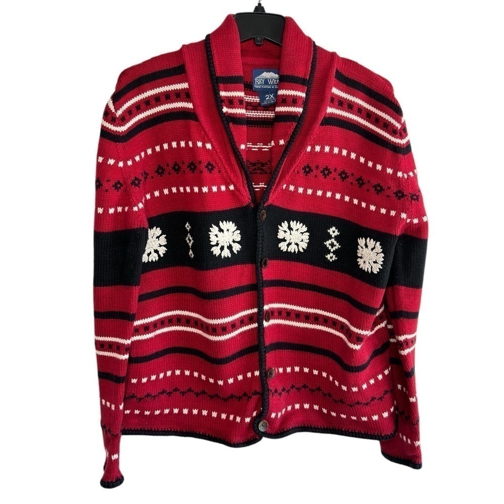 VTG Rey Wear Handmade Sweater Size 2X Red Holiday Snowflake Cottagecore Cotton
